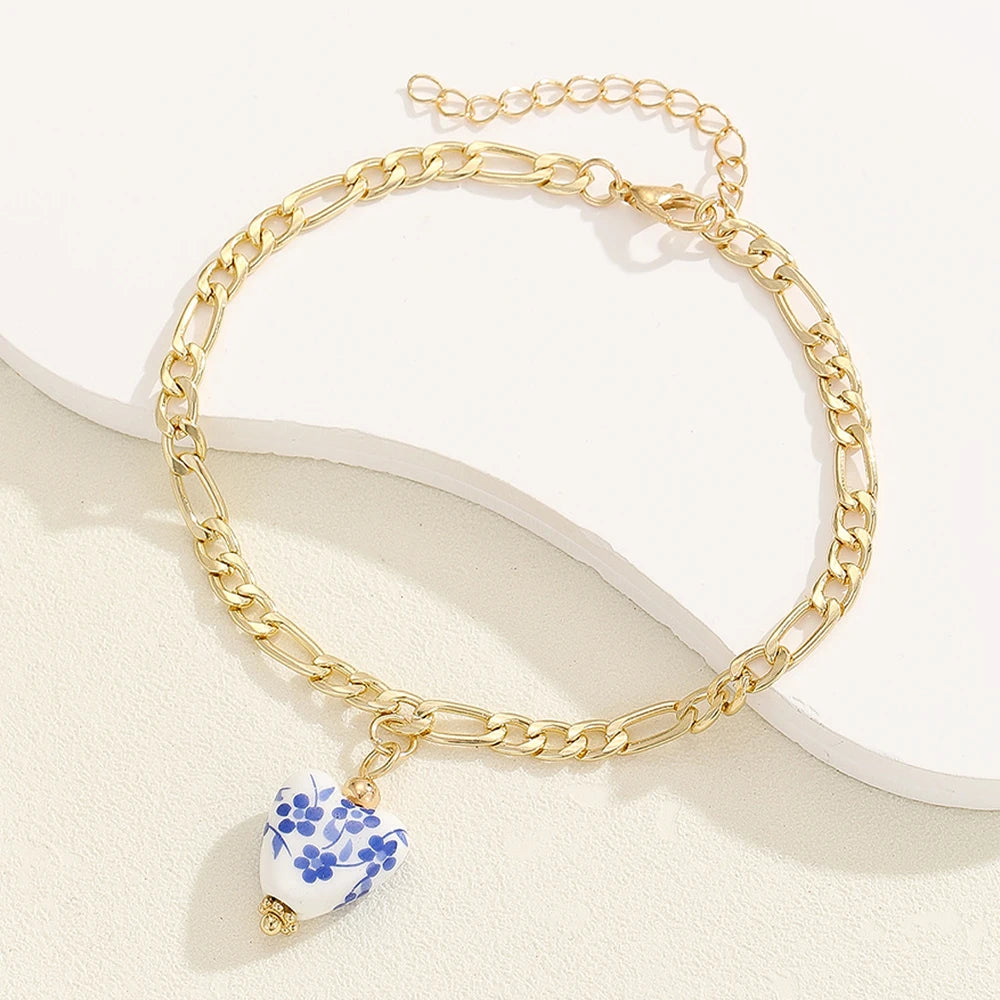 Vintage Blue Enamel Heart Anklet Bracelet Women Sandal Accessories 2025 Beach Barefoot Stainless Steel Anklet Waterproof Jewelry