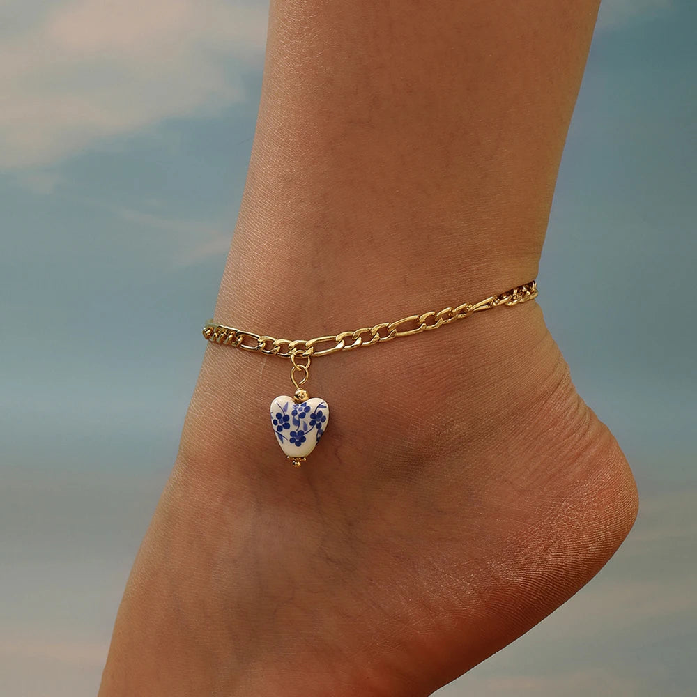 Vintage Blue Enamel Heart Anklet Bracelet Women Sandal Accessories 2025 Beach Barefoot Stainless Steel Anklet Waterproof Jewelry