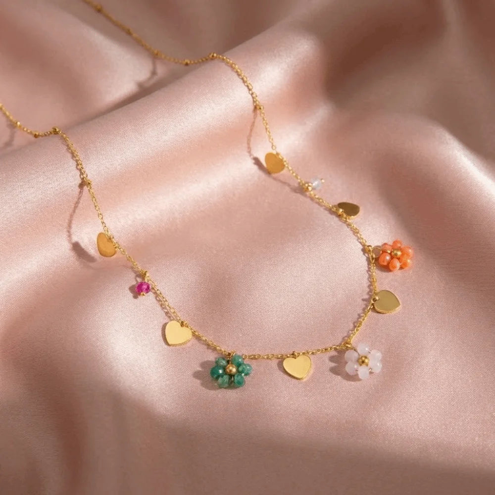 Women Colorful Beaded Heart Necklace Trendy Versatile Flower Chain Bracelet Exquisite Stackable Plating Waterproof Jewelry Party