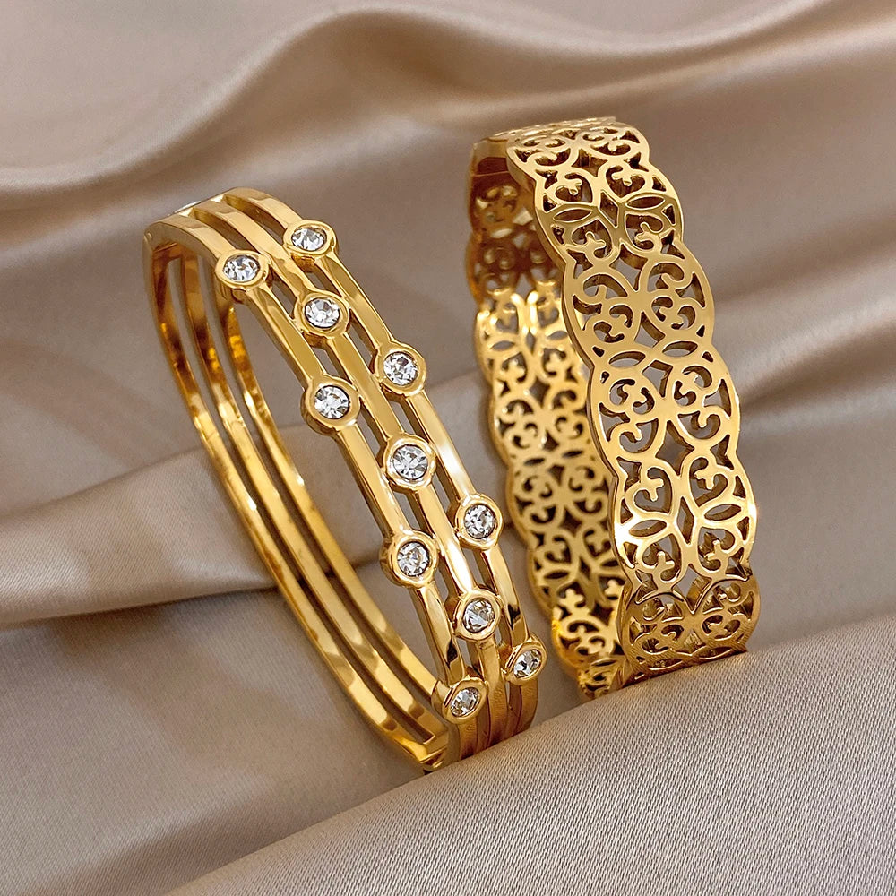 Freetry Elegant Hollow Pattern Stainless Steel Bangle for Women Rhinestone Gold Color Waterproof Cuff Bracelet Party Jewelry New