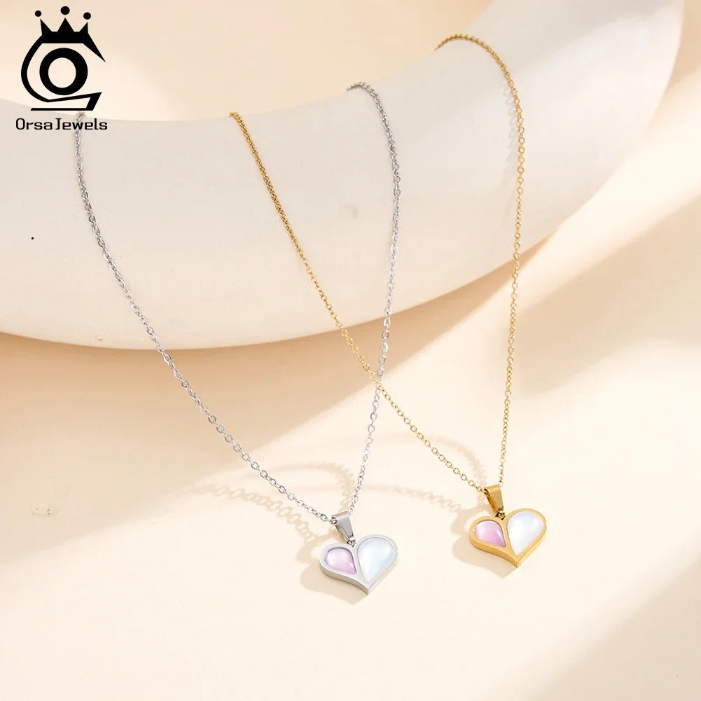 ORSA JEWELS Stainless Steel Shell Heart Necklace For Women Charm Collar 18K Plated Waterproof Jewelry Accessories Gift STMN10