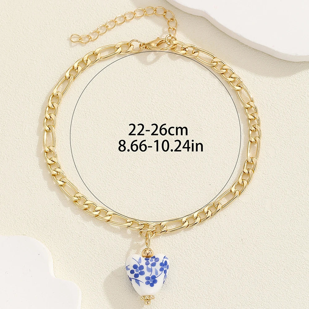 Vintage Blue Enamel Heart Anklet Bracelet Women Sandal Accessories 2025 Beach Barefoot Stainless Steel Anklet Waterproof Jewelry
