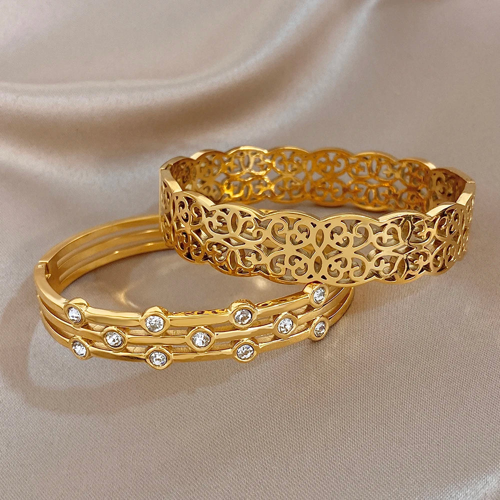 Freetry Elegant Hollow Pattern Stainless Steel Bangle for Women Rhinestone Gold Color Waterproof Cuff Bracelet Party Jewelry New