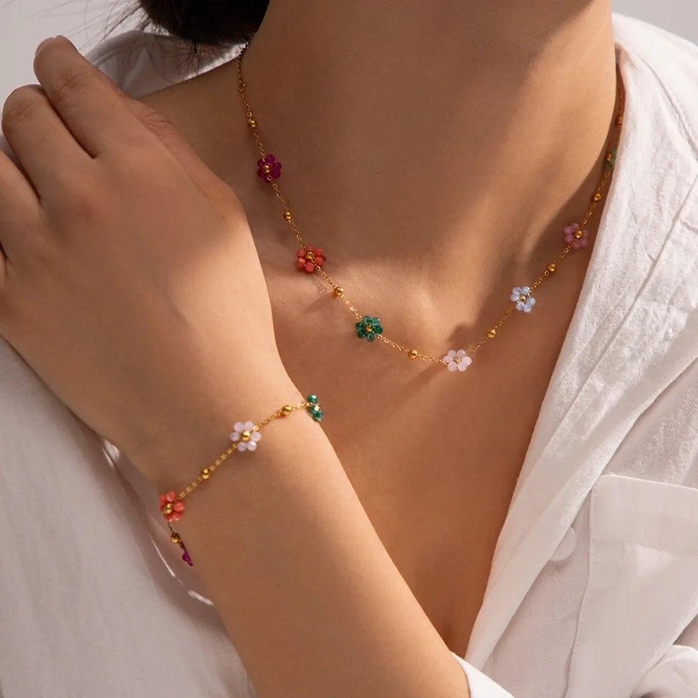 Women Colorful Beaded Heart Necklace Trendy Versatile Flower Chain Bracelet Exquisite Stackable Plating Waterproof Jewelry Party