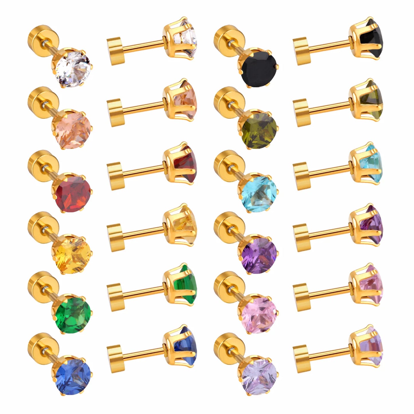 12 Pairs of 6MM Stainless Steel Women's Mixed Color Round Stud Earrings, Fashionable and Simple Jewelry Waterproof Wholesale