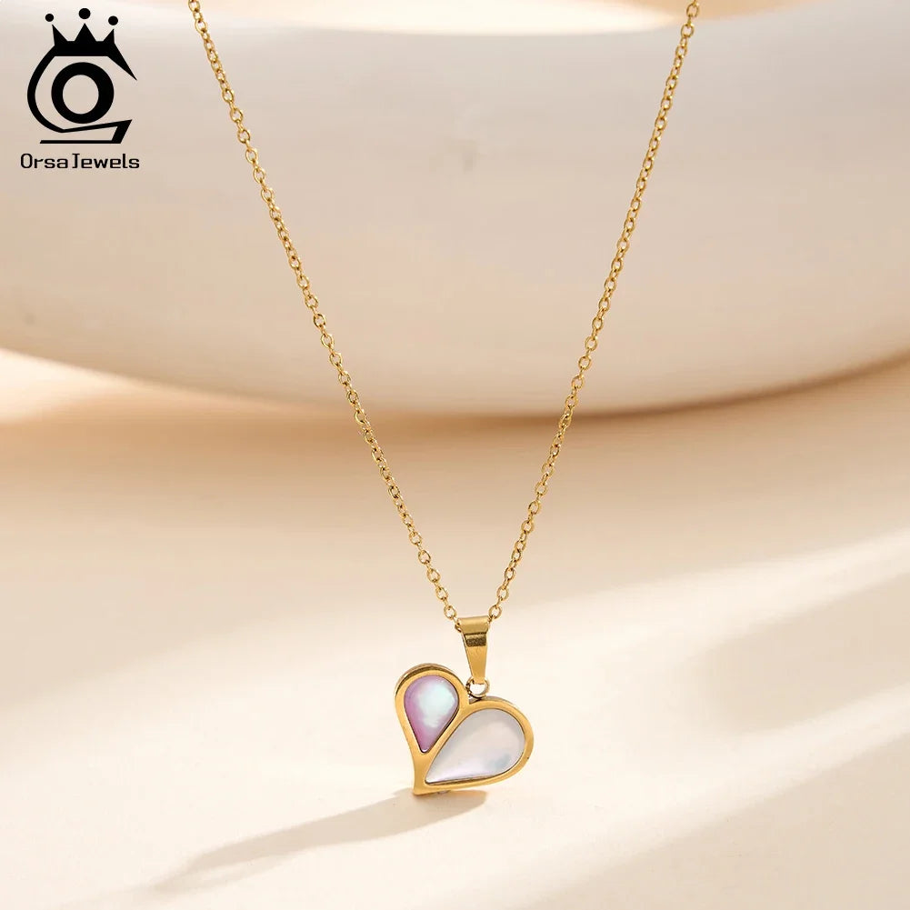 ORSA JEWELS Stainless Steel Shell Heart Necklace For Women Charm Collar 18K Plated Waterproof Jewelry Accessories Gift STMN10