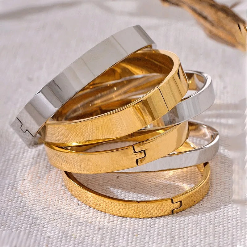 High Quality Stainless Steel Round Wide Bracelet Bangle Fashion Texture Gold Silver Color Waterproof Charm Jewelry Gift New