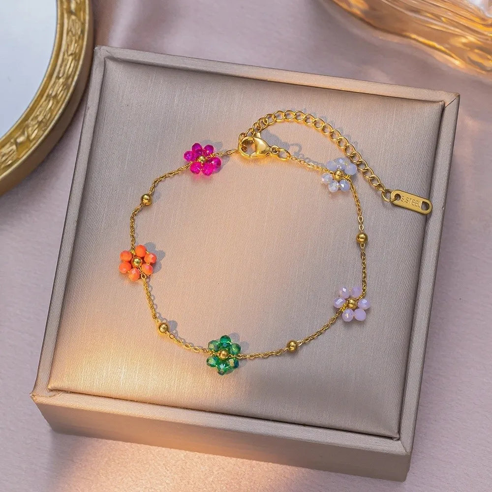 Women Colorful Beaded Heart Necklace Trendy Versatile Flower Chain Bracelet Exquisite Stackable Plating Waterproof Jewelry Party