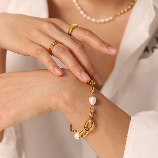 Stainless Steel Paperclip Chain Bracelet For Women Elegant Imitation Baroque Pearl Adjustable Waterproof Hypoallergenic Jewelry