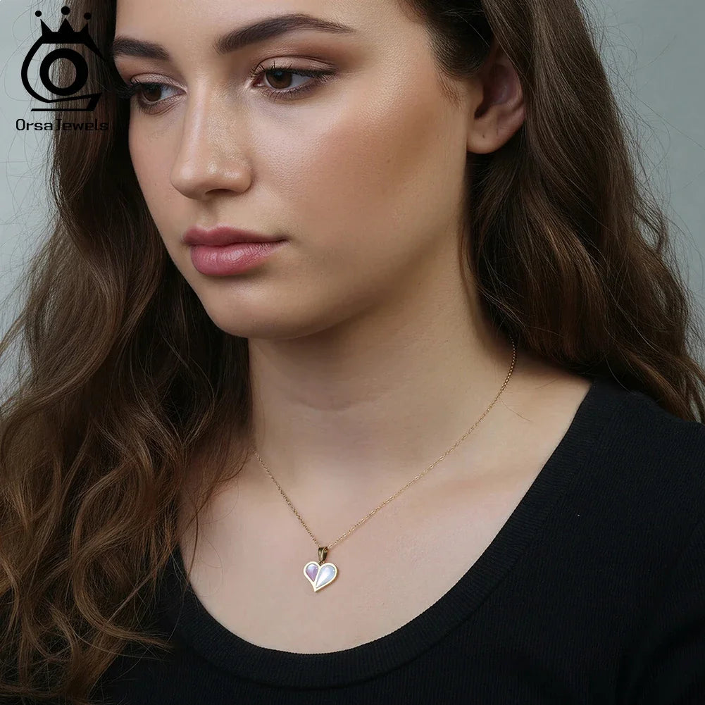 ORSA JEWELS Stainless Steel Shell Heart Necklace For Women Charm Collar 18K Plated Waterproof Jewelry Accessories Gift STMN10