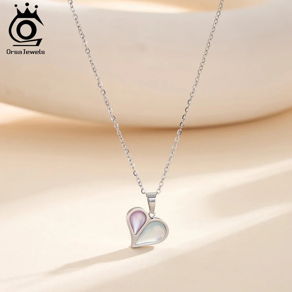 ORSA JEWELS Stainless Steel Shell Heart Necklace For Women Charm Collar 18K Plated Waterproof Jewelry Accessories Gift STMN10