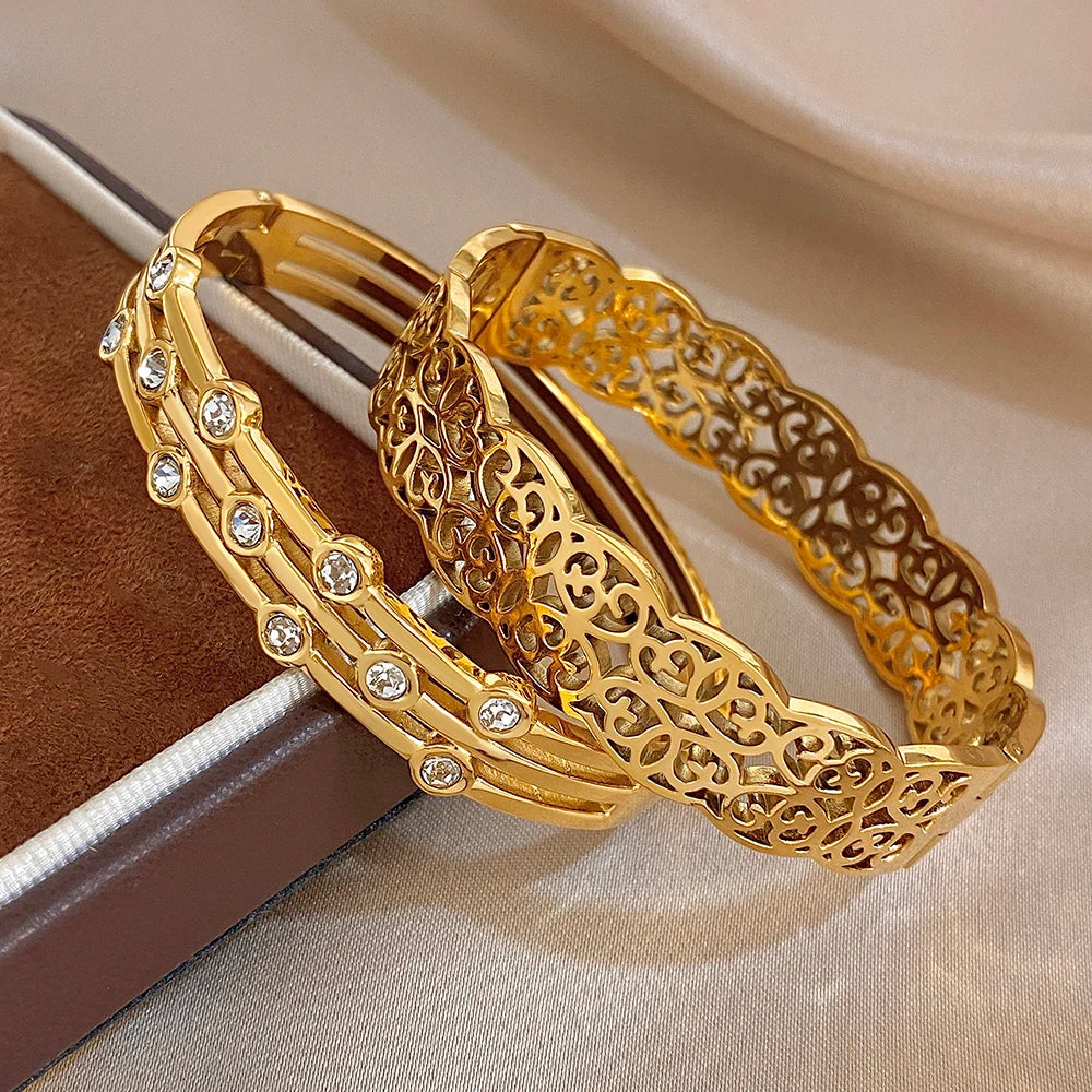 Freetry Elegant Hollow Pattern Stainless Steel Bangle for Women Rhinestone Gold Color Waterproof Cuff Bracelet Party Jewelry New