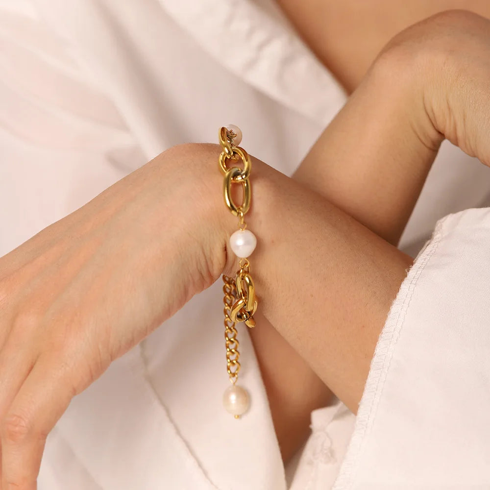 Stainless Steel Paperclip Chain Bracelet For Women Elegant Imitation Baroque Pearl Adjustable Waterproof Hypoallergenic Jewelry