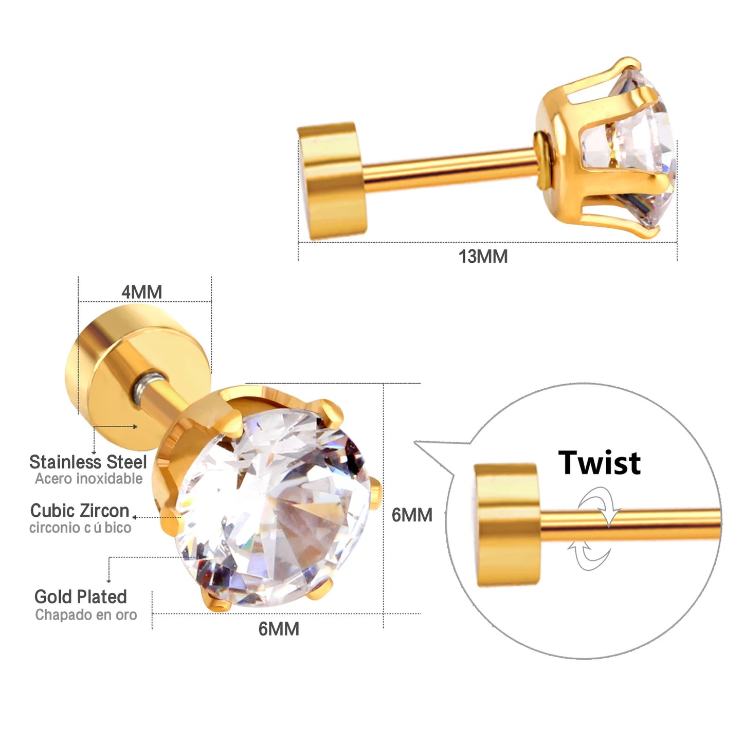12 Pairs of 6MM Stainless Steel Women's Mixed Color Round Stud Earrings, Fashionable and Simple Jewelry Waterproof Wholesale