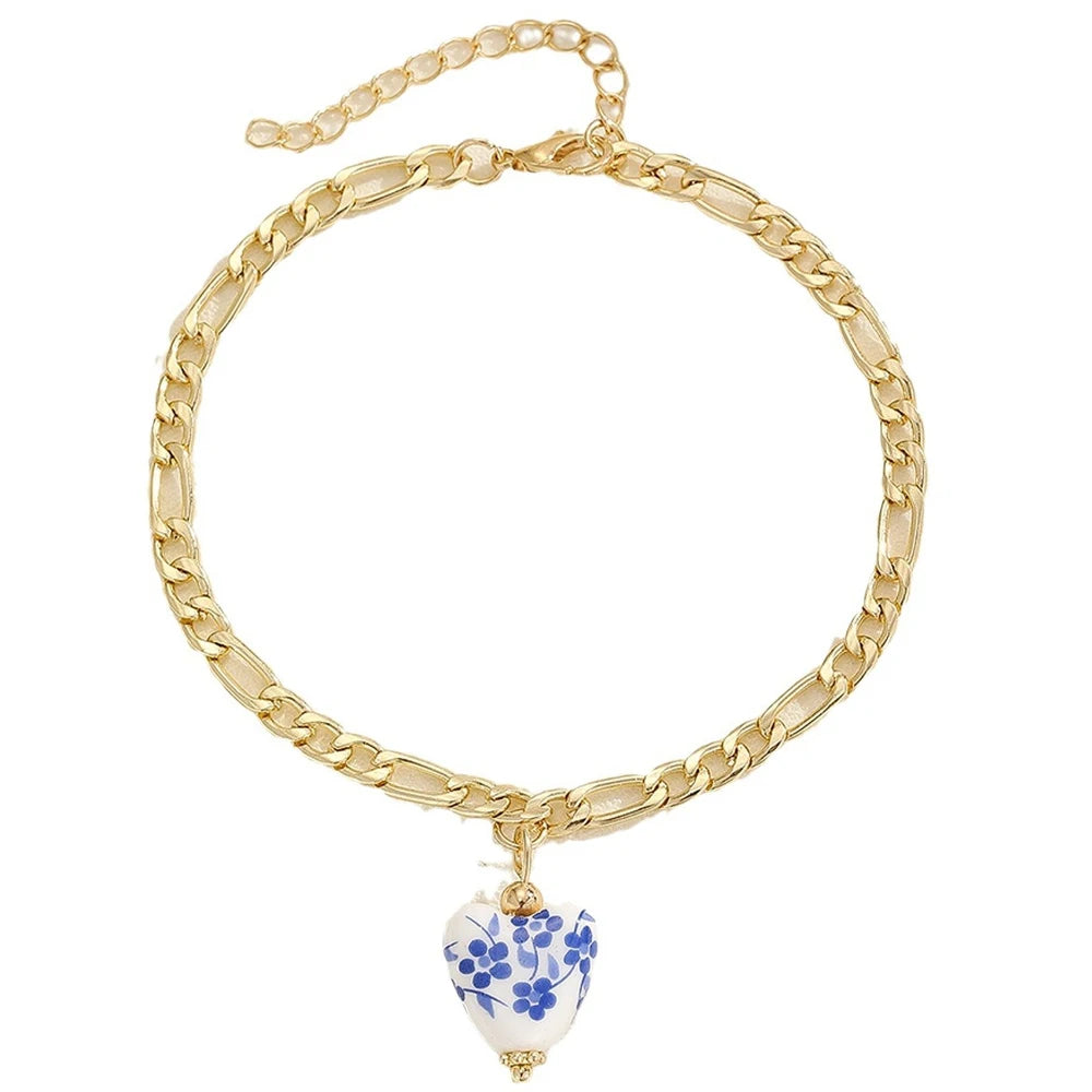 Vintage Blue Enamel Heart Anklet Bracelet Women Sandal Accessories 2025 Beach Barefoot Stainless Steel Anklet Waterproof Jewelry