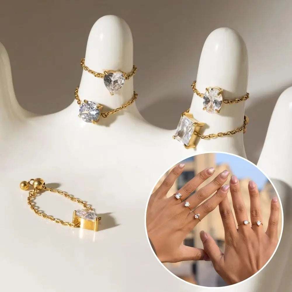 Waterproof Exquisite Adjustable Chain Ring Elegant Minimalist Zirconia Chain Rings INS Simple Finger Jewelry Girls Gift