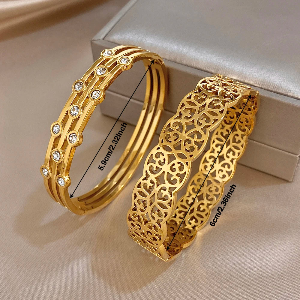 Freetry Elegant Hollow Pattern Stainless Steel Bangle for Women Rhinestone Gold Color Waterproof Cuff Bracelet Party Jewelry New