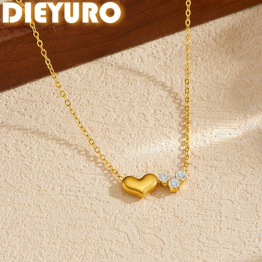 DIEYURO 316L Stainless Steel Zirconia Golden Heart Love Thin Chic Necklace For Women Classic Trend Waterproof Neck Chain Jewelry