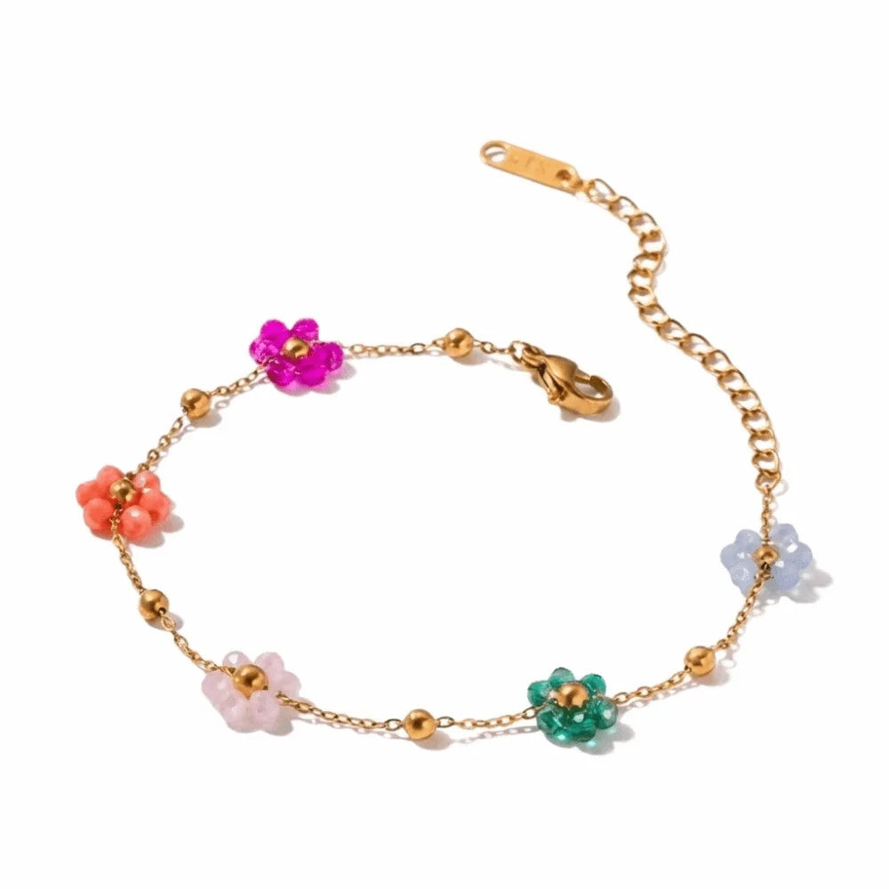 Women Colorful Beaded Heart Necklace Trendy Versatile Flower Chain Bracelet Exquisite Stackable Plating Waterproof Jewelry Party