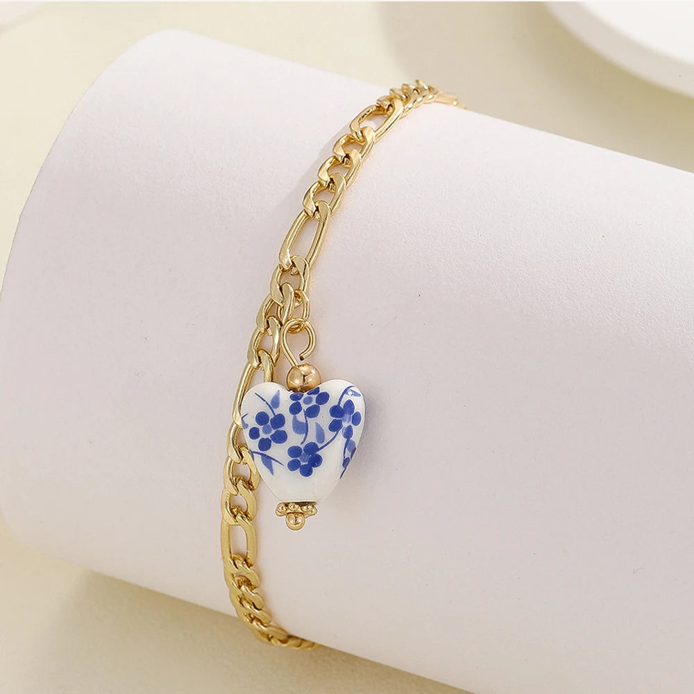 Vintage Blue Enamel Heart Anklet Bracelet Women Sandal Accessories 2025 Beach Barefoot Stainless Steel Anklet Waterproof Jewelry