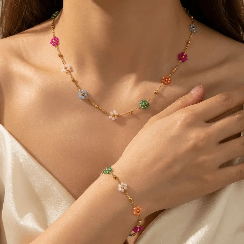 Colorful Beaded Heart Necklace Trendy Exquisite Flower Chain Bracelet Stackable Versatile Plating Waterproof Jewelry Summer