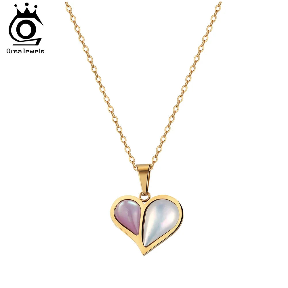 ORSA JEWELS Stainless Steel Shell Heart Necklace For Women Charm Collar 18K Plated Waterproof Jewelry Accessories Gift STMN10