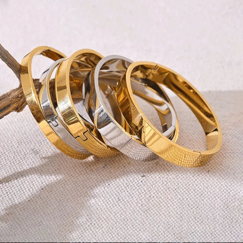 High Quality Stainless Steel Round Wide Bracelet Bangle Fashion Texture Gold Silver Color Waterproof Charm Jewelry Gift New