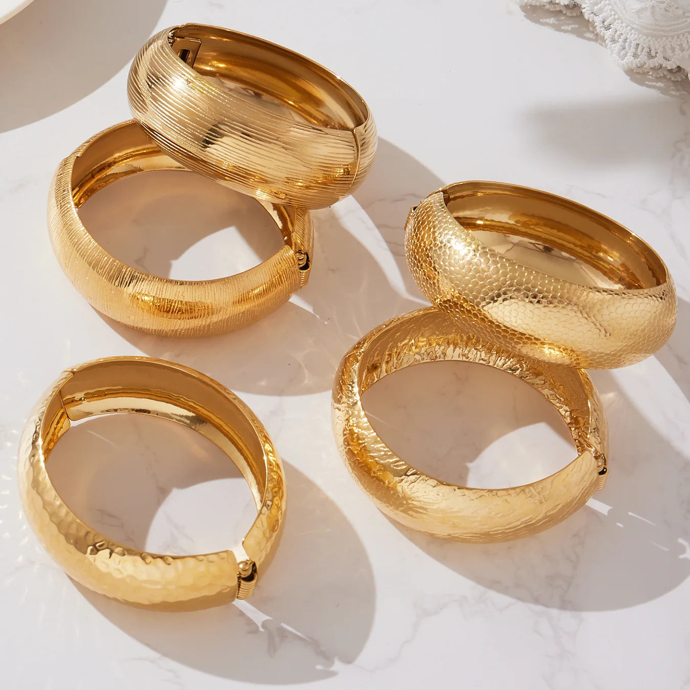 Stainless Steel Wide Cuff Bangle for Women Gold Color Textured Exaggerated Chunky Bracelet Non-tarnish Waterproof Hand Jewelry