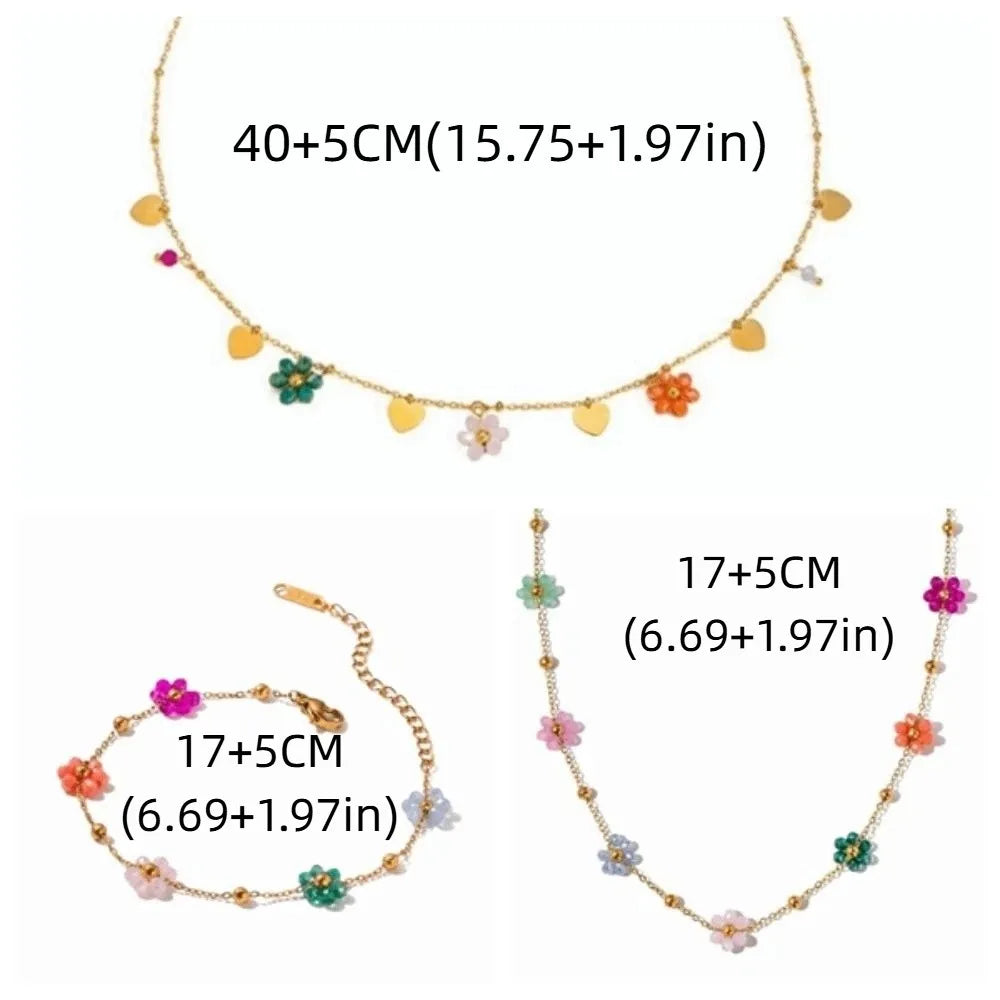 Women Colorful Beaded Heart Necklace Trendy Versatile Flower Chain Bracelet Exquisite Stackable Plating Waterproof Jewelry Party