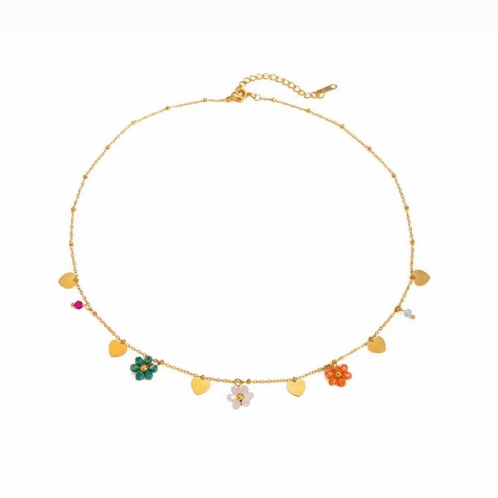Colorful Beaded Heart Necklace Trendy Exquisite Flower Chain Bracelet Stackable Versatile Plating Waterproof Jewelry Summer