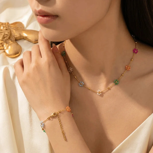 Colorful Beaded Heart Necklace Trendy Exquisite Flower Chain Bracelet Stackable Versatile Plating Waterproof Jewelry Summer