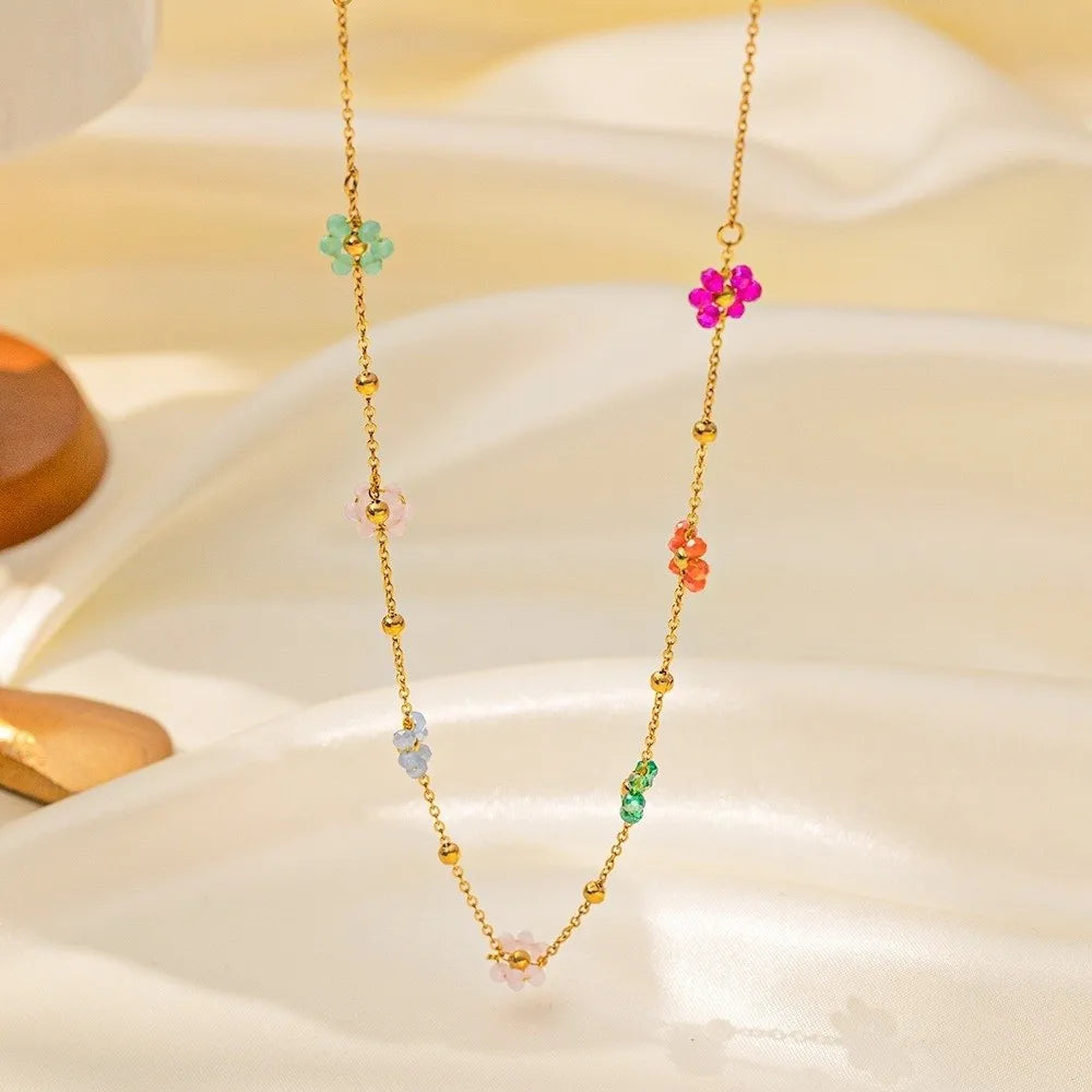 Women Colorful Beaded Heart Necklace Trendy Versatile Flower Chain Bracelet Exquisite Stackable Plating Waterproof Jewelry Party