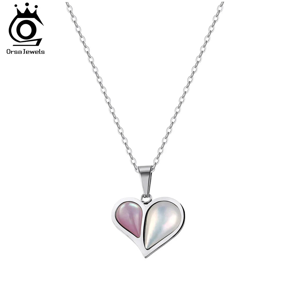 ORSA JEWELS Stainless Steel Shell Heart Necklace For Women Charm Collar 18K Plated Waterproof Jewelry Accessories Gift STMN10