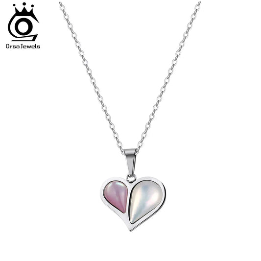 ORSA JEWELS Stainless Steel Shell Heart Necklace For Women Charm Collar 18K Plated Waterproof Jewelry Accessories Gift STMN10